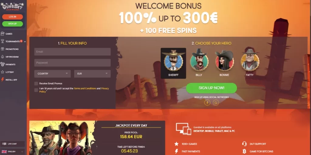Gunsbet casino homepage