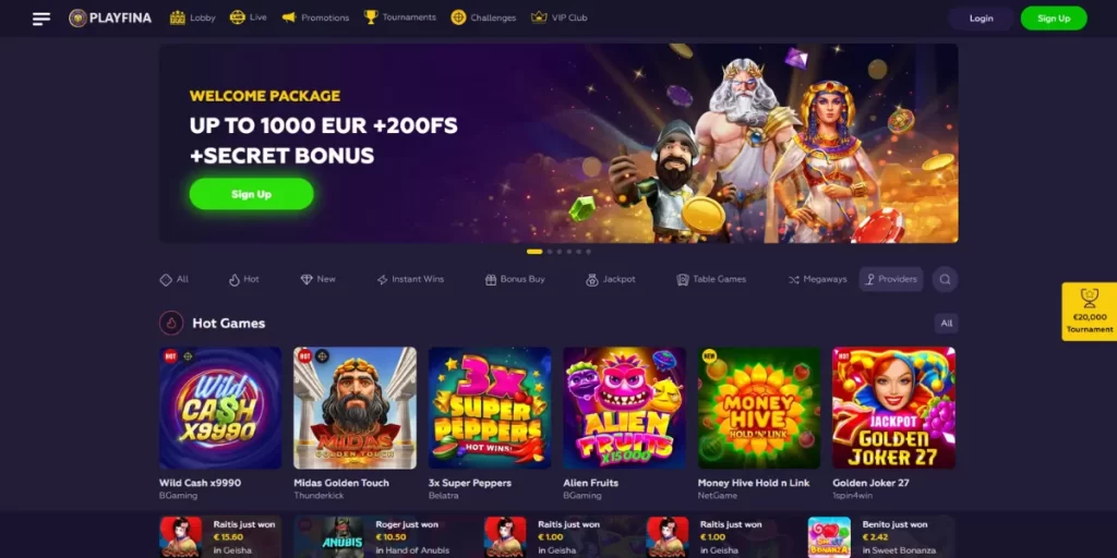 Playfina casino homepage